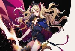 Rule 34 | 1girl, black dress, blonde hair, boots, bow, cape, closed mouth, crown, dress, ereshkigal (fate), fate/grand order, fate (series), floating hair, hair bow, high heel boots, high heels, highres, holding, long hair, looking at viewer, red cape, red eyes, solo, tenobe, thigh boots, thighhighs, tohsaka rin, twintails, two-tone background