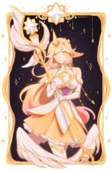 Rule 34 | 1girl, blonde hair, commentary, dress, elbow gloves, english commentary, gloves, highres, horns, league of legends, long hair, multicolored clothes, multicolored dress, open mouth, single horn, smile, solo, soraka (league of legends), staff, star guardian (league of legends), teeth, utamaruu, white dress, white gloves, white wings, wings, yellow eyes
