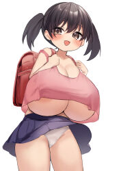 Rule 34 | 1girl, :d, areola slip, backpack, bag, bare arms, black hair, blue skirt, blush, borrowed character, breasts, brown eyes, cameltoe, cleavage, clothes lift, cowboy shot, crop top, crop top overhang, female focus, hair between eyes, hands up, highres, holding, huge breasts, looking at viewer, no bra, oggu (neoguloliko), open mouth, oppai loli, panties, pantyshot, pink tank top, randoseru, short twintails, simple background, skirt, skirt lift, smile, solo, standing, tank top, thighs, twintails, underboob, underwear, white background, white panties, wind, wind lift