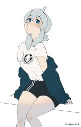 Rule 34 | ahoge, black shorts, blue eyes, casual, chumu (teuthidan), commission, commissioner upload, condylonucla, grey hair, highres, jacket, jacket partially removed, looking at viewer, original, shirt, shirt tucked in, shorts, signature, simple background, sitting, t-shirt, tentacle hair, thighs, white background