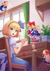 Rule 34 | &gt; &lt;, 4girls, :d, alice margatroid, alice margatroid (pc-98), apron, athrun1120, black footwear, blonde hair, blue dress, blue hairband, blue ribbon, blush, book, bow, bubble, cabinet, carrying, chair, curtains, day, desk, doll, dress, flying, flying sweatdrops, glint, green eyes, hair bow, hair ribbon, hairband, hand up, indoors, leaning forward, long hair, long sleeves, looking to the side, mini person, minigirl, multiple girls, open mouth, pantyhose, pinafore dress, plant, potted plant, puffy short sleeves, puffy sleeves, red bow, ribbon, scissors, shanghai doll, shirt, short hair, short sleeves, sitting, sleeping, sleeping upright, sleeveless, sleeveless dress, smile, touhou, touhou (pc-98), very long hair, waist apron, white apron, white bow, white legwear, white shirt, window