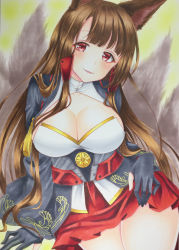 Rule 34 | 1girl, absurdres, akagi (azur lane), animal ears, azur lane, breasts, brown hair, cleavage, flower (symbol), gloves, hair ornament, highres, japanese clothes, kimono, kumaccyo, large breasts, looking at viewer, marker (medium), red eyes, simple background, smile, solo, tail, tassel, thighs, traditional media, yellow background