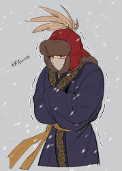 Rule 34 | 1boy, black eyes, brown hat, chin strap, cold, covered mouth, cropped torso, crossed arms, eyeliner, fur hat, grey background, hat, hat feather, highres, kenkon no washi, li sakura, long sleeves, looking afar, makeup, male focus, mask, motion blur, mouth mask, red hat, robe, sash, simple background, snowing, solo, trembling, wind