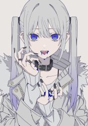 Rule 34 | 1girl, belt collar, black nails, blood, blue blood, blue eyes, blue hair, collar, collarbone, fingernails, fur trim, hair tie, haku geroda, hand up, jacket, jewelry, long hair, long sleeves, looking at viewer, multicolored hair, nail polish, open mouth, original, ring, shirt, simple background, solo, spaghetti strap, swept bangs, t-shirt, teeth, tongue, tongue out, twintails, two-tone hair, unzipped, upper body, white background, white hair, white jacket, white shirt