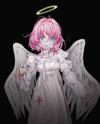 Rule 34 | 1girl, absurdres, angel, angel wings, black background, blue eyes, blush, cross, dress, feathered wings, gishiki (gshk), hair intakes, halo, highres, holding, holding syringe, long sleeves, looking at viewer, mask, mouth mask, nurse, original, pink dress, pink hair, red cross, simple background, sleeves past wrists, solo, standing, surgical mask, syringe, white wings, wings