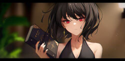 Rule 34 | 1girl, bare shoulders, black dress, black nails, blurry, blurry background, book, breasts, closed mouth, collarbone, dress, earrings, hand up, highres, holding, holding book, jewelry, looking at viewer, nail polish, original, red eyes, shimmer, shiny skin, small breasts, solo