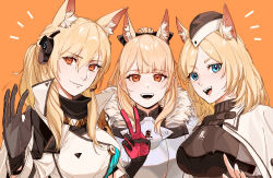 Rule 34 | 3girls, animal ear fluff, animal ears, arknights, armor, aunt and niece, black armor, black bow, black gloves, black headwear, blemishine (arknights), blue eyes, bow, breastplate, brown eyes, cape, coat, family, fur-trimmed armor, fur trim, garrison cap, gloves, hair bow, hat, headset, highres, horse ears, horse girl, implied extra ears, kingdom of kazimierz logo, long sleeves, looking at viewer, multiple girls, nearl (arknights), nearl the radiant knight (arknights), open mouth, orange background, oxy (ho2), parted bangs, plate armor, ponytail, red gloves, siblings, simple background, sisters, smile, v, waving, whislash (arknights), white armor, white cape, white coat