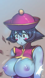 Rule 34 | 1girl, :o, bad id, bad pixiv id, bare shoulders, black eyes, black hair, blue skin, blush stickers, breasts, chinese clothes, chromatic aberration, colored skin, female focus, flipped hair, grey background, hair between eyes, harabacho (gkfkqkch1), hat, jiangshi, large breasts, lei lei, lips, motion blur, nipples, parted lips, qingdai guanmao, short hair, simple background, solo, torn clothes, upper body, vampire (game), wardrobe malfunction