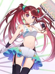 Rule 34 | 1girl, black thighhighs, blue skirt, bra, breasts, brown hair, byoru, character request, cleavage, closed mouth, collar, collarbone, earrings, floating hair, garter straps, gloves, hair ornament, highres, holding, jewelry, long hair, looking at viewer, medium breasts, midriff, multicolored hair, navel, overskirt, purple eyes, red hair, short shorts, shorts, skirt, smile, solo, sports bra, standing, stomach, thighhighs, two-tone hair, underwear, very long hair, white background, white bra, white gloves, white shorts, zettai ryouiki