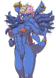 Rule 34 | 1girl, abs, bikini, blue skin, blush, breasts, clitoris, colored skin, earrings, jewelry, large breasts, monster girl, muscular, navel, pink hair, pussy, short hair, simple background, slime, slingshot swimsuit, solo, standing, sukarabe (scarab), swimsuit, tentacles, yellow eyes