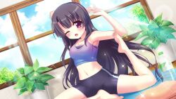 Rule 34 | 1girl, armpits, bare arms, bare legs, bare shoulders, barefoot, bike shorts, black hair, black shorts, blue sky, bottle, breasts, cleavage, cloud, cloudy sky, crop top, day, dot nose, dutch angle, film grain, game cg, ichikishima mizuha, indoors, izumi tsubasu, large breasts, lens flare, long hair, midriff, navel, non-web source, official art, on floor, one eye closed, open mouth, petite, plant, potted plant, purple eyes, purple sports bra, purple tank top, re:stage!, shorts, single vertical stripe, sky, solo, sparkle, sports bra, straight hair, sunlight, sweat, tank top, towel, very long hair, water bottle, white stripes, window, wooden floor, yoga, yoga mat