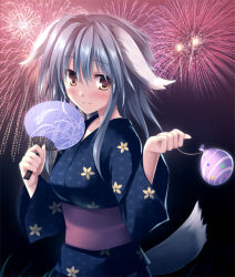 Rule 34 | 1girl, aerial fireworks, animal ears, asa no ha (pattern), dog ears, fireworks, japanese clothes, kimono, original, solo, tateha (marvelous grace), yukata
