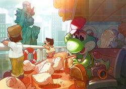 Rule 34 | 1girl, 4boys, :d, ^ ^, adjusting clothes, adjusting headwear, ankle boots, arm support, artist name, bare arms, bare shoulders, baseball cap, beak, bench, bird, black eyes, blonde hair, blush, boat, book, boots, bowser, brown footwear, brown hair, building, camera, chair, city, closed eyes, creature, day, dress shirt, eating, facial hair, fat, fat man, full body, glass, gloves, green pants, hat, holding, holding book, holding clothes, holding hat, innertube, lifebuoy, long hair, looking to the side, luigi, mario, mario (series), monster, mort morrison, multiple boys, mustache, nintendo, open book, open mouth, pants, parody, princess peach, railing, reading, red hair, reflection, removing hat, shadow, shell, ship, shirt, shoe soles, sitting, skyscraper, sleeveless, sleeveless shirt, smile, solid circle eyes, spiked shell, spikes, standing, statue, statue of liberty, sunlight, swim ring, talons, tank top, unworn hat, unworn headwear, vehicle, watercraft, white gloves, window, wooden floor, yoshi