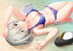 Rule 34 | 10s, 1girl, arm up, bad id, bad twitter id, barefoot, beach, bikini, bird, blue bikini, blue eyes, bow, bow bikini, breasts, cleavage, closed mouth, day, failure penguin, hamakaze (kancolle), kantai collection, leg up, looking at viewer, lying, medium breasts, miss cloud, navel, on back, outdoors, partially submerged, penguin, short hair, silver hair, smile, solo, sparkle, swimsuit, takehana note, wet