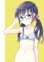 Rule 34 | 1girl, adjusting eyewear, aquna, arm up, black hair, blue-framed eyewear, blue bra, blue eyes, bottomless, bow, bow bra, bra, breasts, closed mouth, collarbone, convenient censoring, glasses, hair bow, hip focus, long hair, looking at viewer, low twintails, navel, original, out-of-frame censoring, polka dot, polka dot bow, simple background, small breasts, solo, twintails, two-tone background, underwear, white background, yellow background