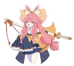 Rule 34 | 1girl, :3, absurdres, animal ear fluff, animal ears, black skirt, blush, bow, bowtie, cowboy shot, fate/samurai remnant, fate (series), fox ears, hair bow, highres, japanese clothes, kaigan0211, kimono, long hair, looking at viewer, open mouth, pink hair, sheath, sheathed, sidelocks, simple background, skirt, sleeves past wrists, solo, sword, tamamo (fate), tamamo aria (fate), weapon, weapon on back, white background, white bow, white bowtie, wide sleeves, yellow bow, yellow eyes