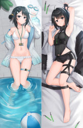 Rule 34 | 1girl, ahoge, arknights, armpits, arms up, ball, bare legs, bare shoulders, barefoot, beachball, bed sheet, between breasts, bikini, black coat, black eyes, black gloves, black hair, black shorts, breasts, cleavage, closed mouth, coat, unworn coat, collarbone, dakimakura (medium), feather hair, frilled bikini, frills, from above, full body, fur-trimmed coat, fur trim, gloves, gluteal fold, goggles, unworn goggles, grey jacket, hair bun, hair ornament, hairclip, highres, id card, jacket, kurisu-kun, la pluma (arknights), la pluma (summer flowers) (arknights), looking at viewer, lying, medium breasts, multiple views, navel, off shoulder, official alternate costume, on back, on bed, on floor, open clothes, open jacket, parted lips, pool, sheet grab, short hair, short shorts, shorts, single glove, single hair bun, single side bun, skindentation, sleeveless, small breasts, soaking feet, stomach, strap between breasts, swimsuit, test tube, thigh strap, tile floor, tiles, unzipped, water, white bikini, wing hair ornament