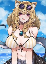 Rule 34 | 1girl, :d, animal ear fluff, animal ears, arknights, bare shoulders, bikini, bikini top only, blonde hair, blue sky, blush, braid, breasts, brothercoral, cleavage, day, eyewear on head, hat, hat on back, highres, jewelry, large breasts, long hair, looking at viewer, navel, necklace, official alternate costume, open mouth, outdoors, purple eyes, round eyewear, sky, smile, solo, straw hat, striped bikini, striped clothes, sunglasses, swimsuit, tail, teeth, twin braids, upper body, upper teeth only, utage (arknights), utage (summer flowers) (arknights), vertical-striped bikini, vertical-striped clothes, water, yellow bikini