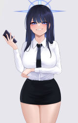 Rule 34 | 1girl, 82jhin, absurdres, alternate costume, arm under breasts, black necktie, black skirt, blue archive, blush, breasts, cellphone, halo, highres, holding, holding phone, large breasts, long hair, looking at viewer, miniskirt, necktie, pencil skirt, phone, saori (blue archive), school uniform, shirt, simple background, skirt, smug, straight hair, white shirt