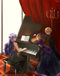 Rule 34 | 1boy, 2girls, artist name, backless dress, backless outfit, black cape, black dress, black shirt, blonde hair, bow, brother and sister, camilla (fire emblem), candlestand, cape, capelet, chocojax, closed eyes, colored eyelashes, crossed arms, curtains, dress, elise (fire emblem), facing away, facing viewer, fire emblem, fire emblem heroes, hair between eyes, hair bow, hair over one eye, head in hand, head rest, highres, indoors, instrument, layered dress, leaning on object, leo (fire emblem), long dress, long hair, long sleeves, looking at another, multiple girls, music, nintendo, piano, piano bench, playing instrument, playing piano, ponytail, purple capelet, purple eyes, purple hair, sheet music, shirt, siblings, sisters, sitting, smile, strapless, strapless dress, swept bangs, tile floor, tiles, very long hair, watermark, web address, window