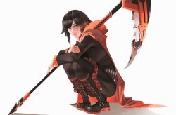 Rule 34 | 1girl, absurdres, black dress, black footwear, black hair, black pantyhose, cape, closed mouth, crescent rose, dress, frilled sleeves, frills, from side, full body, grey eyes, highres, holding, holding scythe, hood, hood down, hooded, layered dress, long sleeves, looking at viewer, pantyhose, red cape, ruby rose, rwby, scythe, short dress, short hair, simple background, solo, squatting, swept bangs, twitter username, white background, x37tc