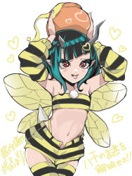 Rule 34 | 1girl, alternate costume, arthropod girl, bandeau, bee girl, black bandeau, black hair, black sleeves, black thighhighs, blue hair, blush, commentary request, cowboy shot, demon horns, detached sleeves, fang, flat chest, heart, highres, honey, honeypot, horns, insect girl, insect wings, looking at viewer, medium hair, nanashi inc., navel, open mouth, panyatteria, pointy ears, red eyes, shishio chris, shorts, simple background, smile, solo, stinger, striped bandeau, striped clothes, striped shorts, striped sleeves, striped thighhighs, sugar lyric, thighhighs, tongue, tongue out, translation request, virtual youtuber, white background, wings, yellow bandeau, yellow sleeves, yellow thighhighs