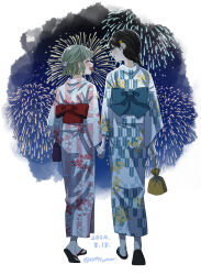 Rule 34 | 2girls, chihaya katagiri, dated, eye contact, fireworks, glasses, hair ornament, happy birthday, hibiki aikawa, highres, holding, holding hands, japanese clothes, kimono, looking at another, multiple girls, smile, summer festival, twitter username, yukata, yuri ni hasamaru otoko wa shineba ii!?