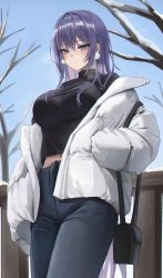 Rule 34 | 1girl, absurdres, bag, bare tree, biya (1024), black bag, black sweater, blue eyes, blue pants, blue sky, blush, breasts, breath, commentary, day, down jacket, earrings, hair between eyes, hands in pockets, highres, jacket, jewelry, large breasts, long hair, long sleeves, looking at viewer, midriff, off shoulder, open clothes, open jacket, outdoors, pants, pom pom (clothes), pom pom earrings, purple hair, shoulder bag, sky, snow, solo, sweater, symbol-only commentary, thighs, tree, turtleneck, turtleneck sweater, white jacket, yuna (biya (1024))