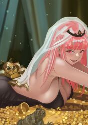 Rule 34 | 1girl, absurdres, black dress, blue hair, breasts, cleavage, dress, frog, gold, highres, hololive, hololive english, large breasts, long hair, looking at viewer, lying, mori calliope, multicolored hair, newryouri, on stomach, open mouth, pink eyes, pink hair, skull, smile, solo, toad (animal), virtual youtuber