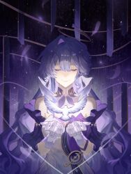 Rule 34 | 1girl, animal, bare shoulders, bead bracelet, beads, bird, bracelet, closed eyes, detached sleeves, dress, elbow gloves, facing viewer, falling feathers, feathers, gloves, halo, head wings, highres, honkai: star rail, honkai (series), jewelry, lanshan wei jiao, long hair, purple background, purple dress, purple hair, robin (honkai: star rail), single hair intake, smile, solo, sparkle, straight-on, strapless, strapless dress, two-tone dress, upper body, wavy hair, white bird, white dress, white gloves, wings