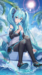 Rule 34 | 1girl, animal, bare shoulders, bird, black footwear, black skirt, black sleeves, blue eyes, blue hair, blue necktie, blue sky, boots, cloud, collared shirt, commentary request, day, detached sleeves, food, hair between eyes, hatsune miku, high heel boots, high heels, holding, holding food, long hair, long sleeves, looking at viewer, necktie, outdoors, palm tree, parted lips, pleated skirt, popsicle, shanguier, shirt, skirt, sky, sleeveless, sleeveless shirt, smile, solo, sun, thigh boots, tree, twintails, very long hair, vocaloid, water, watermark, web address, white shirt