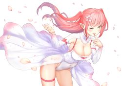 Rule 34 | 1girl, absurdres, blush, breasts, cleavage, commentary request, covered navel, finger to mouth, flower, hair flower, hair ornament, highres, large breasts, leg strap, long hair, nail polish, one eye closed, original, petals, pink hair, pink nails, satoshiki, sidelocks, solo, thigh strap, twintails, white background, yellow eyes