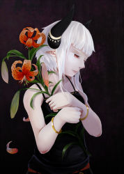 Rule 34 | 1girl, black background, black shirt, bracelet, flower, holding, holding flower, horns, jewelry, looking to the side, original, pale skin, pink eyes, pointy ears, shirt, solo, standing, tiger lily, urase (oiyara), white hair