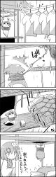Rule 34 | 4koma, bound, clothes hanger, clothesline, comic, commentary request, emphasis lines, flower, greyscale, hair flower, hair ornament, hieda no akyuu, highres, japanese clothes, kimono, lasso, laundry, long sleeves, monochrome, motion blur, motion lines, rope, shirt, short hair, short sleeves, smile, spinning, tani takeshi, throwing, tied up (nonsexual), touhou, translation request, upside-down, wall, wide sleeves, yukkuri shiteitte ne