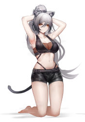 Rule 34 | 1girl, absurdres, animal ear fluff, animal ears, arknights, armpits, arms behind head, arms up, bare arms, bare legs, bare shoulders, barefoot, black scarf, black shorts, breasts, cat ears, cat tail, cleavage, commentary, crop top, grey hair, hair between eyes, highres, large breasts, long hair, looking at viewer, midriff, navel, onedr, ponytail, scarf, schwarz (arknights), short shorts, shorts, simple background, sleeveless, solo, stomach, tail, thighs, white background, yellow eyes