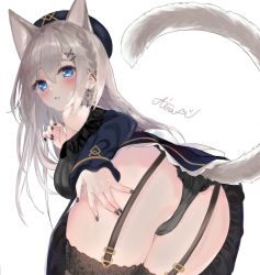 Rule 34 | 1girl, animal ears, artist request, ass, ass grab, bare shoulders, beret, blue eyes, blush, breasts, cameltoe, cat ears, cat tail, deep skin, dress, earrings, fingernails, from behind, from below, garter belt, hat, jewelry, leaning, leaning forward, long hair, looking at viewer, medium breasts, nail polish, open mouth, original, panties, parted lips, sideboob, silver hair, skirt, smile, solo, tail, thighhighs, underwear