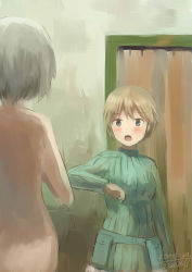 Rule 34 | 10s, 2girls, blonde hair, blue eyes, blush, brave witches, dated, from behind, grey hair, highres, kanokoga, multiple girls, nikka edvardine katajainen, nude, open mouth, sanya v. litvyak, short hair, signature, strike witches, sweater, world witches series