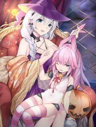 Rule 34 | 2girls, aged down, animal ears, armchair, bare shoulders, bat earrings, bat ornament, black choker, blue eyes, breasts, chair, child, choker, cleavage, covered navel, cross, detached sleeves, dress, earrings, fox ears, gou lianlian dogface, grabbing another&#039;s ear, hair between eyes, halloween, hand on another&#039;s ear, hat, highres, honkai (series), honkai impact 3rd, jack-o&#039;-lantern, jewelry, kallen kaslana, lace, lace-trimmed legwear, lace trim, large breasts, leotard, long hair, looking at another, multiple girls, one eye closed, open mouth, pink hair, purple dress, purple eyes, rabbit ears, saliva, silver hair, sitting, sitting on lap, sitting on person, small breasts, smile, striped clothes, striped legwear, striped thighhighs, tears, thighhighs, white leotard, witch hat, yae sakura