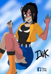 Rule 34 | :d, absurdres, ahoge, ass, black eyes, black hair, black shirt, blouse, blue background, bright pupils, character name, collared jacket, colored skin, day, facebook logo, facebook username, grey skin, happy, heterochromia, highres, ink (osore ink), jacket, knees together feet apart, miniskirt, multicolored skin, name tag, no panties, open mouth, original, osore ink, ponytail, red skin, self-upload, sharp teeth, shirt, skirt, smile, solo, staples, teeth, three tone skin, zombie, zombie girl