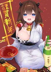Rule 34 | 1girl, :d, absurdres, alcohol, animal ears, animal print, bell, bikini, bikini top only, blue eyes, blush, bottle, breasts, brown hair, cleavage, collar, cow ears, cow girl, cow horns, cow print, cup, floral print, food, hashiko nowoto, highres, holding, horns, japanese clothes, kimono, large breasts, long hair, looking at viewer, neck bell, nengajou, new year, o-ring, o-ring top, obi, off shoulder, open clothes, open kimono, open mouth, original, sakazuki, sash, sitting, skindentation, smile, solo, swimsuit, white kimono, wide sleeves
