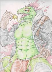 Rule 34 | 1boy, 47reaperz, absurdres, animal head, bara, bare pectorals, bulge, caiman (dorohedoro), clothes writing, colored pencil (medium), covered penis, cowboy shot, dagger, dorohedoro, dumpling, food, food trail, furrification, furry, furry male, gloves, green scales, highres, jacket, jiaozi, knife, large bulge, large pectorals, male focus, male underwear, muscular, muscular male, nipples, open fly, pectorals, red male underwear, reptile boy, sheath, sheathed, solo, strongman waist, traditional media, underwear, weapon