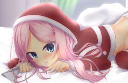 Rule 34 | 1girl, :p, alternate costume, aqua eyes, bag, blush, cafe stella to shinigami no chou, christmas, closed mouth, commentary request, eyelashes, gift bag, hair spread out, hat, highres, holding, holding bag, indoors, long hair, long sleeves, looking at viewer, lying, navel, on bed, on side, parted bangs, pink hair, red shirt, reiji tsukimi, santa hat, shioyama suzune, shirt, smile, solo, tongue, tongue out, upper body, v