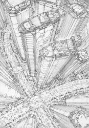Rule 34 | building, city, from above, graphite (medium), greyscale, highres, miyagawa akira (artist), monochrome, motor vehicle, no humans, original, skyscraper, traditional media, truck, urban