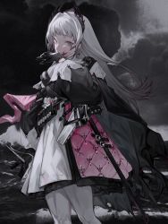 Rule 34 | 1girl, ammunition belt, arknights, black cape, black gloves, black jacket, blood, blood on face, cape, capelet, cloud, cloudy sky, earrings, feet out of frame, gloves, grey hair, gun, guodongmaibo, head wings, high-waist skirt, highres, irene (arknights), jacket, jewelry, long hair, long sleeves, looking at viewer, ocean, outdoors, pantyhose, print skirt, puffy long sleeves, puffy sleeves, purple skirt, scar, scar across eye, scar on face, sheath, sheathed, skirt, sky, solo, standing, sword, torn cape, torn clothes, very long hair, water, weapon, white capelet, white pantyhose, white skirt, wings, wiping face