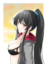 Rule 34 | 1girl, bikini, bikini top only, black bikini, black hair, blush, breasts, cleavage, collarbone, commentary request, hair between eyes, ichimi, jacket, kantai collection, long hair, looking at viewer, looking to the side, medium breasts, open clothes, open jacket, orange eyes, ponytail, sidelocks, smile, solo, swept bangs, swimsuit, track jacket, upper body, yahagi (kancolle)