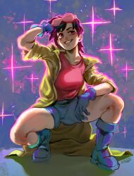 Rule 34 | 1girl, absurdres, artist request, black hair, blue footwear, blue gloves, blue shorts, boots, coat, commentary, english commentary, eyewear on head, gloves, grin, highres, jubilee, marvel, pink shirt, purple eyes, ramiel09, shirt, shorts, simple background, smile, solo, source request, sparkle, squatting, sunglasses, x-men, yellow coat