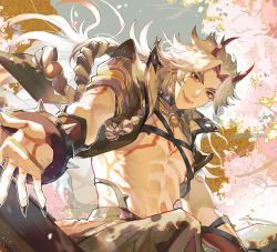 Rule 34 | 1boy, abs, arataki itto, architecture, black nails, body markings, cherry blossoms, choker, close-up, cytosineee, dappled sunlight, east asian architecture, from below, genshin impact, geta, hair intakes, horns, long hair, looking at viewer, looking down, male focus, muscular, muscular male, nail polish, oni, oni horns, outstretched hand, red horns, sitting, solo, spiked choker, spikes, sunlight, white hair