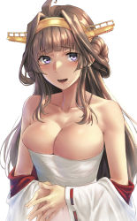 Rule 34 | 1girl, :d, ahoge, bandages, bare shoulders, blunt bangs, blush, breasts, brown hair, cleavage, collarbone, commentary request, detached sleeves, double bun, hair bun, headgear, highres, kantai collection, kokuzou, kongou (kancolle), large breasts, long sleeves, looking at viewer, open mouth, own hands together, purple eyes, red ribbon, ribbon, ribbon-trimmed sleeves, ribbon trim, sarashi, sidelocks, simple background, smile, solo, upper body, white background, wide sleeves