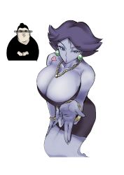 Rule 34 | 1boy, 1girl, absurdres, bangle, black hair, blue eyes, bracelet, breasts, censored, character request, cleavage, colored skin, dress, earrings, flurrie, ghost tail, heart, highres, identity censor, jewelry, large breasts, lips, makeup, mario (series), necklace, nintendo, paper mario, paper mario: the thousand year door, parted lips, personification, purple dress, purple hair, purple skin, rx hts, short hair, simple background, sketch, strapless, strapless dress, tube dress, white background