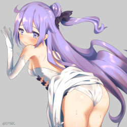 Rule 34 | 1girl, against wall, ass, azur lane, backless dress, backless outfit, bare shoulders, bent over, blue eyes, blush, breasts, closed mouth, clothes lift, cowboy shot, dress, dress lift, elbow gloves, embarrassed, gloves, grey background, hair bun, long hair, looking at viewer, looking back, multicolored hair, one side up, panties, purple eyes, purple hair, simple background, single hair bun, small breasts, solo, supershiruco, sweat, tears, twitter username, underwear, unicorn (azur lane), very long hair, white dress, white gloves, white panties